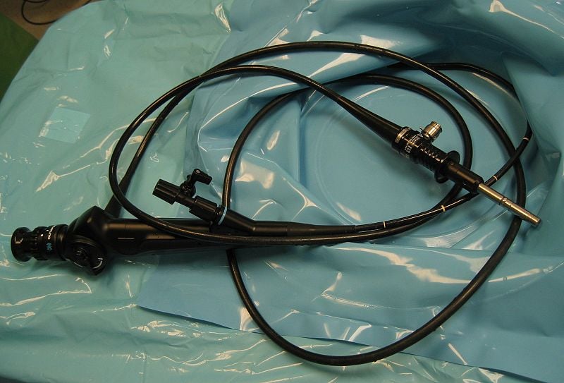 A cystoscope in an operating theatre, prior to a cystoscopy, in the North London Nuffield Hospital.